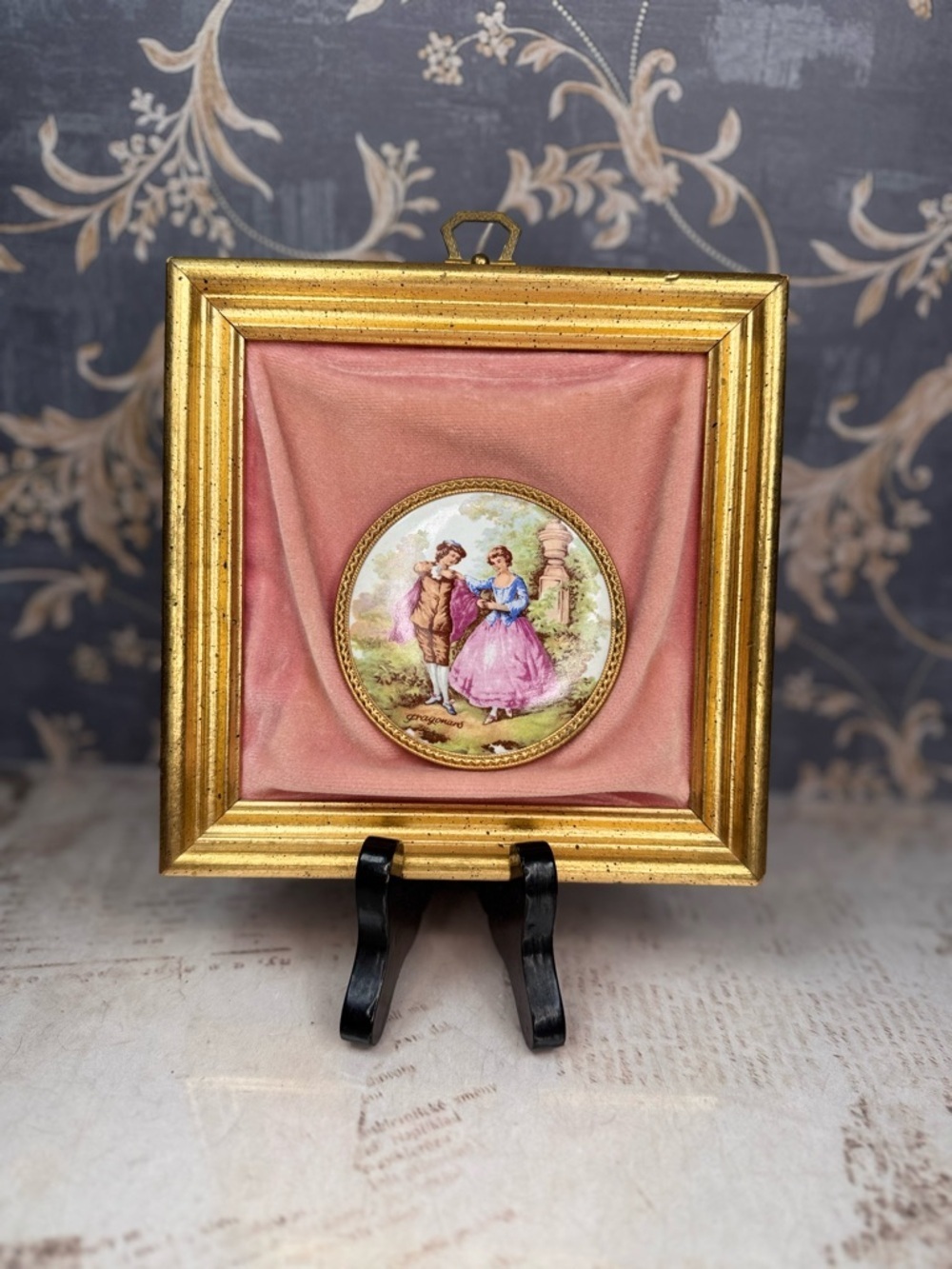 Vintage Limoges Style Fragonard Porcelain Brooch Framed Velvet